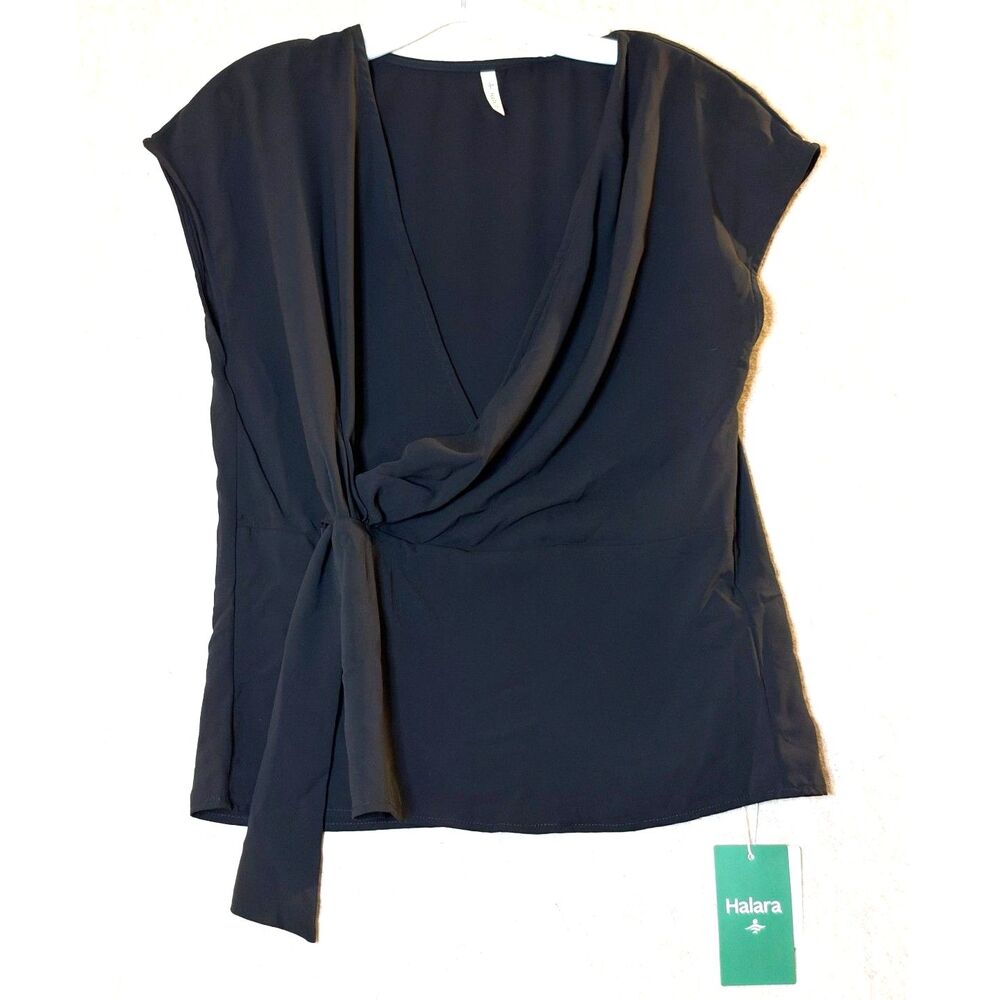 Halara Small V Neck Short Sleeve Wrapped Ruched Work Blouse NWT
